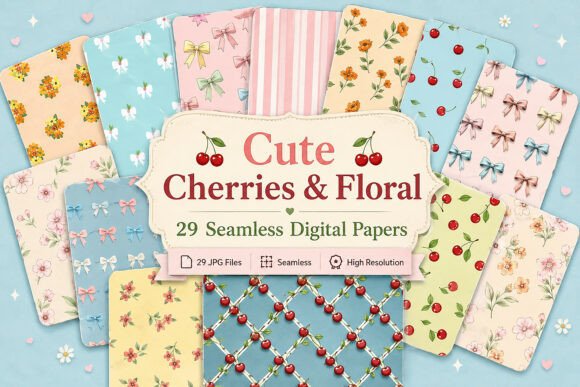 Download Cute Cherries &amp; Floral Digital Patterns - Cute cherries Collection